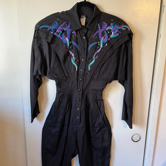 IIF black beaded jumpsuit vintage size 6 aqua purple embellished chest - Picture 1 of 12